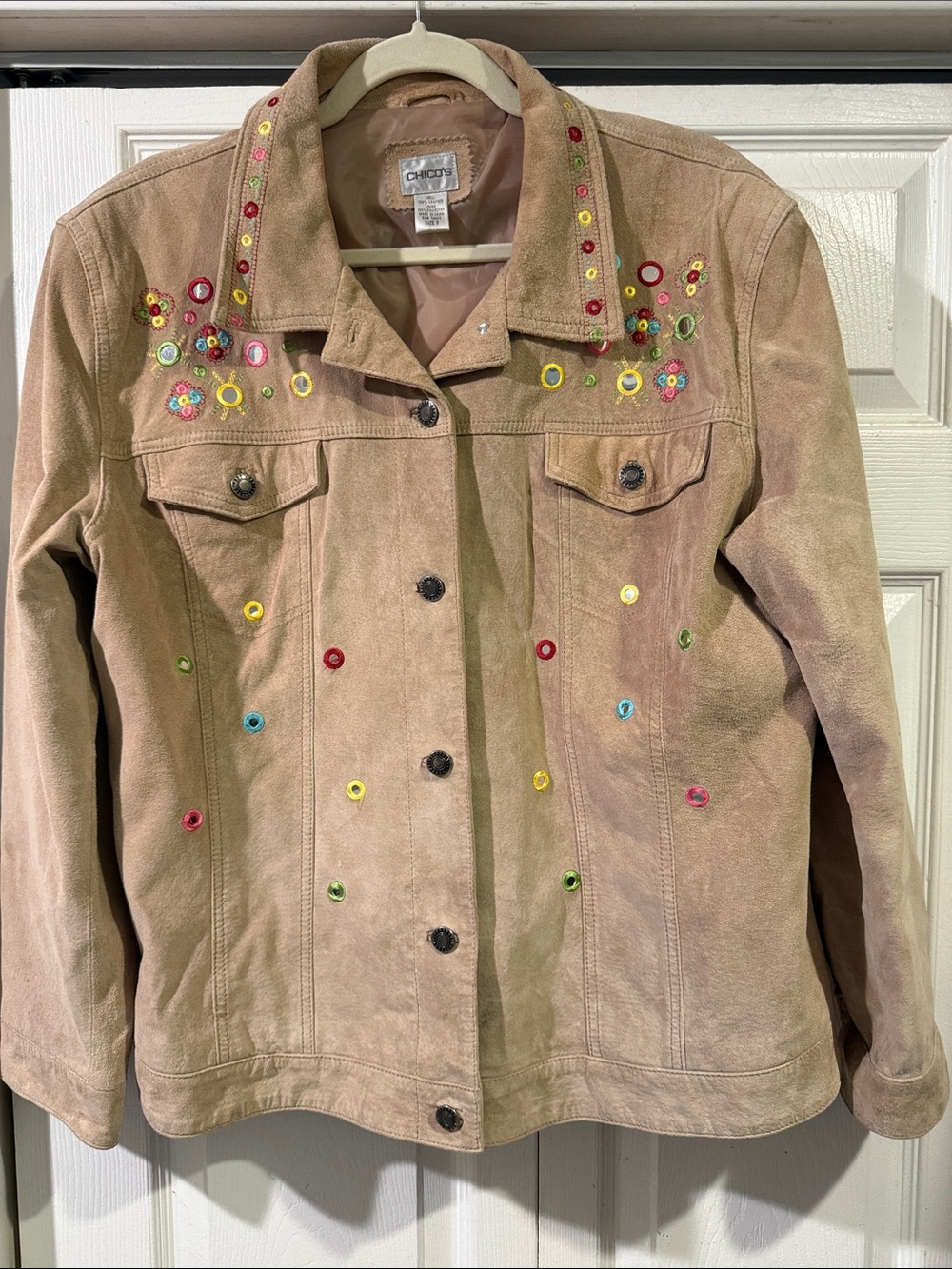 Chico's Tan Suede Jacket with Multicolor Sequin Accents